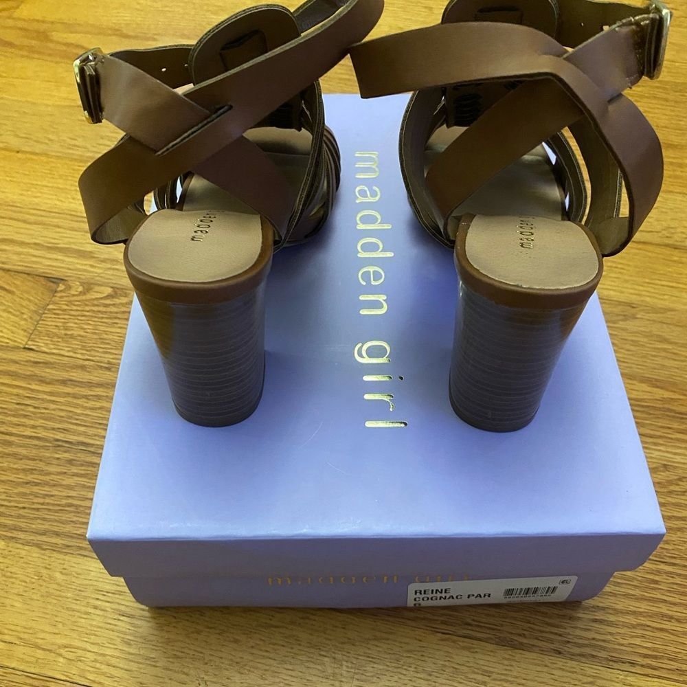 Madden Girl Heeled Sandal Women’s 6 Brown (Cognac) REINE Ankle Strap Shoe New - Picture 3 of 7